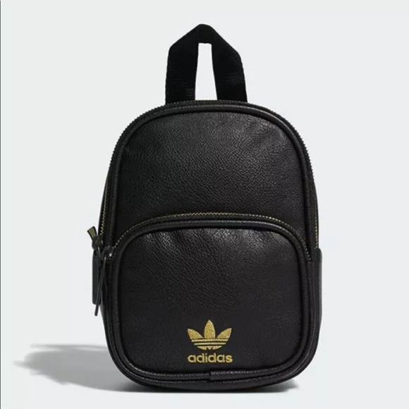 Adidas Originals Black And Gold Mini Backpack Purse PU Leather Trefoil (MINT!)